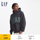 GAP男女裝春秋碳素軟磨抓絨格紋logo連帽衛(wèi)衣情侶上衣609221