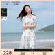 三彩大碼女裝2025夏新款V領(lǐng)印花連衣裙短袖收腰清新蝴蝶結(jié)胖MM