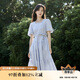 茵曼（INMAN）夏季法式收腰提花肌理女裝方領(lǐng)連衣裙文藝風(fēng)泡泡袖裙子 藍色 L