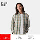 GAP男裝2025春季新款棉質刺繡logo長袖彩格子襯衫寬松上衣723246