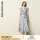 顏域V領收腰連衣裙女2025夏季新款寬松復古輕熟風開叉純棉長裙子 灰花 XL