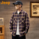吉普（JEEP）美國正品純棉格子長袖襯衫男士春秋新款美式復(fù)古翻領(lǐng)襯衣工裝外套 卡其色-格子款  【官方正品】 XL 【適合145斤左右】