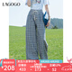 lagogo經(jīng)典格子休閑褲女拉谷谷2025年夏季新款編織腰帶直筒闊腿褲 混色 M