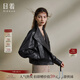 日著原創(chuàng)微落肩綿羊皮衣夾克2024秋新復(fù)古回潮女裝寬松大翻領(lǐng)真皮外套 靜影黑 L