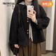 fredrical2025年新款秋季外套女休閑日系復古感外套女黑色風(fēng)衣夾克上衣 黑色 S 建議80-90斤