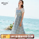 Olrain歐芮兒夏裝女裝短袖蕾絲拼接格子連衣裙女中長款氣質(zhì)A字裙 藍(lán)色 M