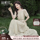 絲柏舍系帶連衣裙2024夏裝新款女裝優(yōu)雅甜美壓褶印花長(cháng)裙