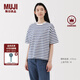 無印良品（MUJI）女式 條紋 圓領(lǐng)短袖T恤 上衣打底衫女款內(nèi)搭女裝女士 藍色條紋5S M (160/84A)