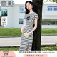 香影條紋t恤連衣裙女2025夏季新款重工亮片字母顯瘦開叉休閑裙子 米色 M