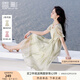 香影泡泡袖方領(lǐng)連衣裙女2025夏裝新款暈染漸變垂感海邊度假風裙子 薄荷青檸綠 M 160/84A/95-110斤