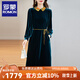 羅蒙（ROMON）品牌連衣裙絲絨秋冬新款中年媽媽冬裝高檔真絲加厚長(cháng)袖裙子中長(cháng)款 藍色 XL