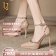 OLJ奢侈高端品牌不累腳細(xì)跟鉚釘高跟鞋女2025新款一字帶絕美涼鞋 裸色 37 (跟高10cm)3