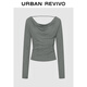 UR2026春季新款女裝格雷系氣質(zhì)蕩領(lǐng)褶皺長(cháng)袖T恤UWG450201 深灰花灰 L