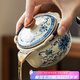 唐豐汝窯青花手抓壺二才蓋碗防燙陶瓷泡茶壺 米黃繁花荷韻手抓壺