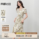 尚都比拉斜搭V領腰部褶皺連衣裙女夏季優(yōu)雅度假收腰顯瘦泡泡袖印花雪紡裙