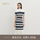 OVV2024秋冬新款女裝經(jīng)典橫條紋高領(lǐng)長袖羊毛針織連衣裙 藏青條紋 S