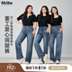 MsShe【重工燙鉆闊腿牛仔褲】大碼女裝2025秋裝胖mm高腰直筒長(zhǎng)褲 牛仔中藍(lán)色現(xiàn)貨 3XL