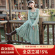 森女部落原創(chuàng)綠色小清新扎染印花方領(lǐng)民族風(fēng)波西米亞度假連衣裙秋 連衣裙（單件） S