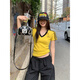 黃色V領(lǐng)條紋正肩潮流短袖t恤女夏季2025新款美式修身短款體恤上衣 黃色 M