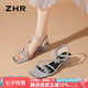 ZHR涼鞋女氣質(zhì)粗跟一字帶單涼鞋女優(yōu)雅水鉆細(xì)帶露趾女鞋 KN88 銀色37