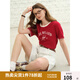 獨束大碼女裝 復古撞色美式寬松顯瘦T恤圓領(lǐng)短袖上衣設計感小眾 復古紅 L （尺碼：2）