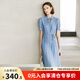 顏域新中式女裝連衣裙2024新款夏裝優(yōu)雅氣質(zhì)百褶裙短袖中長(cháng)款裙子 藍色 M/38