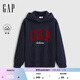 GAP女裝2025秋季新款撞色Logo寬松抓絨套頭連帽衫衛衣上衣792499 海軍藍 M (165/88A) 亞洲尺碼