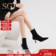 SGJ英國奢侈品牌絨面法式小踝靴瘦瘦靴高跟短靴女2025新款秋冬高跟鞋 黑色 38