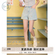 紫涵（ZIHAN）紫涵做舊卷邊刺繡牛仔短褲女2025年夏季新款松緊高腰藍(lán)色休閑熱褲 牛仔藍(lán) S