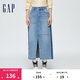 Gap女裝春季前開衩修身牛仔半裙純棉拼接長裙874444 淺藍色 M (27)亞洲尺碼