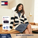 TOMMY JEANS【含羊毛混紡】秋冬女條紋肌理感慵懶寬松針織開(kāi)衫外套 藍白紅拼色YBH M （推薦：115-130斤）
