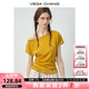 VEGA CHANG短袖女t恤2025新款夏斜肩設(shè)計(jì)感修身收腰顯瘦露肩上衣 蜜橘黃 M