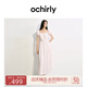 歐時力OCHIRLY 露肩繡花泡泡袖連衣裙長裙復古法式2025夏季新品 淺粉 M
