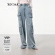 MO&Co.牛仔褲夏工裝風(fēng)口袋低腰輕柔真絲棉混紡前短后長(cháng)精裁摩安珂 牛仔藍色 S 26
