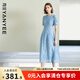 顏域鏤空蕾絲連衣裙女2025夏季新款輕熟風(fēng)高腰收腰修身過(guò)膝短袖裙 淺藍 L