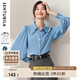尚都比拉秋季休閑通勤顯瘦長(cháng)袖襯衣女設計感燈籠袖襯衫 藍色 L 