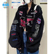慕瑤雨美式棒球服女秋冬季港風(fēng)機車(chē)飛行服刺繡夾克寬松古著(zhù)薄款外套棉服 黑色  M 95-105斤