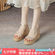 ZHR坡跟涼鞋女夏真牛皮厚底女鞋時(shí)尚細(xì)帶水鉆高跟鞋子女 AY92 香檳35