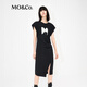 MO&Co.印花小飛袖高腰捏褶不規則開(kāi)叉小眾氣質(zhì)連衣裙女摩安珂 黑色-第1批 M 165