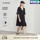 AMII七夕禮物2025夏拼蕾絲V領(lǐng)寬松連衣裙女字母數字印花中袖直筒裙子 黑色 均碼