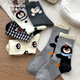 caramella2025秋冬新款棉襪女士中筒襪子可愛(ài)企鵝透氣吸汗搭配女襪 小企鵝少女中筒襪-黑白灰 5雙 均碼 (建議35-39碼)
