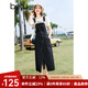 百圖betu女裝春夏新款背帶裙減齡設(shè)計(jì)感開(kāi)叉牛仔背帶裙女2403D10 深牛仔藍(lán) S