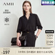 AMII七夕禮物2025夏季新款通勤翻領(lǐng)V領(lǐng)拼蕾絲涼感雪紡衫女五分袖寬松 黑色 L