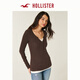 HOLLISTER小海鷗圖案25秋冬新款撞色亨利領(lǐng)長(cháng)袖T恤女裝339-5257 咖啡棕 S (165/84A)