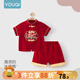優(yōu)奇嬰兒衣服夏季男寶寶一周歲禮服夏天薄款紅色國風(fēng)百日宴抓周服夏裝 紅色 80