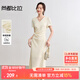 尚都比拉串珠雞心領(lǐng)國風(fēng)短袖連衣裙女夏季肌理感暗紋提花開衩裙氣質(zhì)中長裙