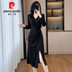 皮爾卡丹（pierre cardin）時(shí)尚洋氣修身氣質(zhì)顯瘦大l碼女裝胖mm長(cháng)袖中長(cháng)款開(kāi)叉連衣裙春秋新 黑色 L