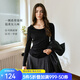 Olrain歐芮兒法式斜肩針織T恤女裝秋季2025新款蕩領(lǐng)系帶長(cháng)袖上衣 黑色 L