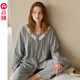 芬騰睡衣女士春秋季純棉長(cháng)袖長(cháng)褲抗菌套裝女款休閑開(kāi)衫大碼家居服 花灰 L 建議：110-125斤