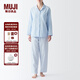 無(wú)印良品（MUJI） 女式 無(wú)側縫雙層紗織睡衣女士家居服春秋純棉條紋格紋長(cháng)袖 女款 淺藍色條紋 M (上裝160/84A下裝160/66A)